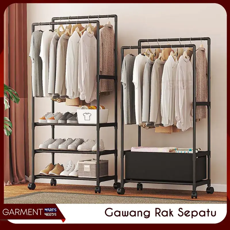 [TERMURAH] - Rak Gantungan Baju Celana Sepatu Stand Hanger Dengan Roda Keranjang Tempat Penyimpanan Serbaguna 0