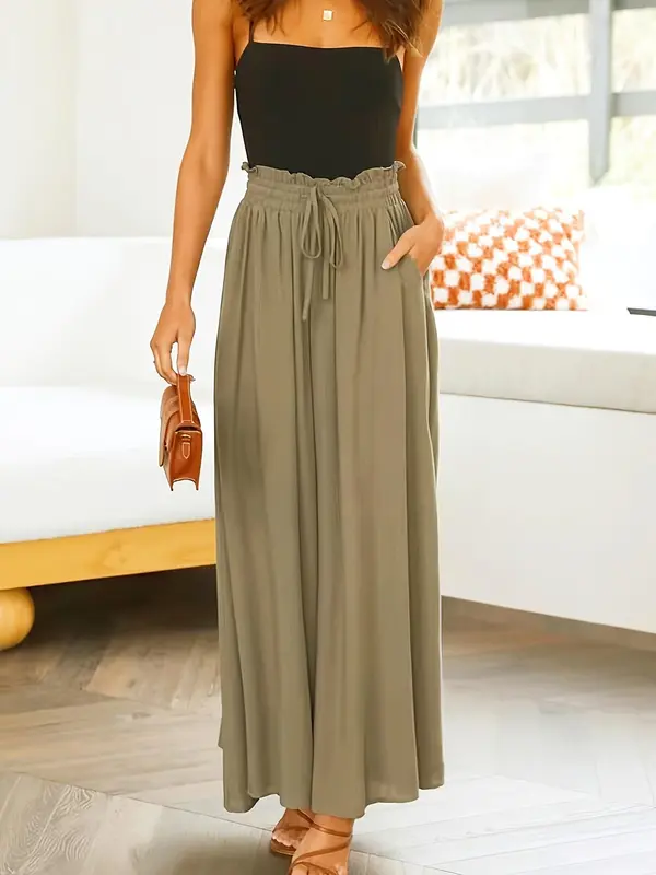 Women's Plain Pocket Drawstring Paper Bag Waist Wide Leg Pants, Loose Casual High Waist Trousers for Fall, Back To School Pants for Women, Women's Bottoms for Daily Wear, Womenswear 7