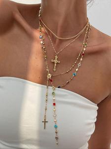 Set de 4 Piezas de Collar Largo Estilo Y con Cruz de Jesús de Metal Vintage, Joyería de Colgante de Cristal Colorido Estilo Bohemio, Regalo Perfecto de Moda para Mujeres