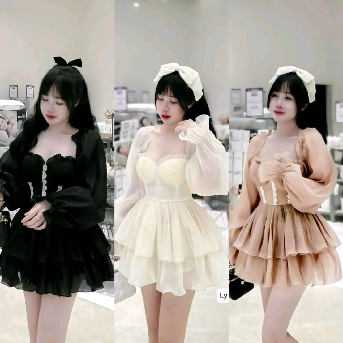 Đầm voan tơ tay dài phối ren có kèm quần, đầm bánh bèo đi chơi, đi tiệc -  Women Kem, Đen, Nude nâu tây Dress Kim tuyến Viền Ren Nữ Voi Tre váy bigsize