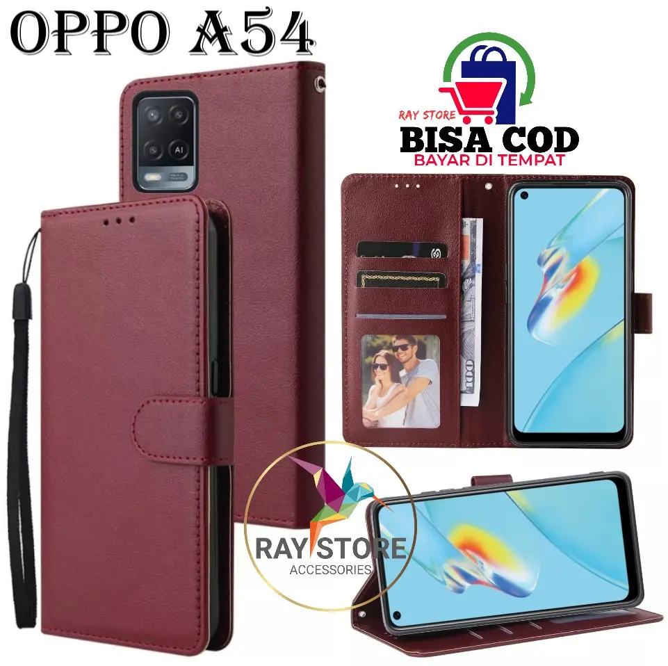 OPPO A54 FLIP LEATHER CASE PREMIUM-FLIP WALLET CASE KULIT UNTUK OPPO A54 - CASING DOMPET-FLIP COVER LEATHER-SARUNG BUKU HP TPU Kulit Sapi TPU Plastik Kulit Sapi Kulit Sapi TPU Plastik