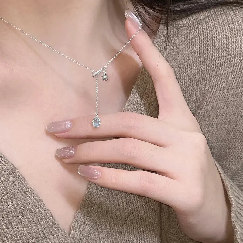 A Drop of Tears Blue Simple Fashion Blue Water Drop Gemstone Necklace Adjustable Pull Style Fresh Sweet Clavicle Chain