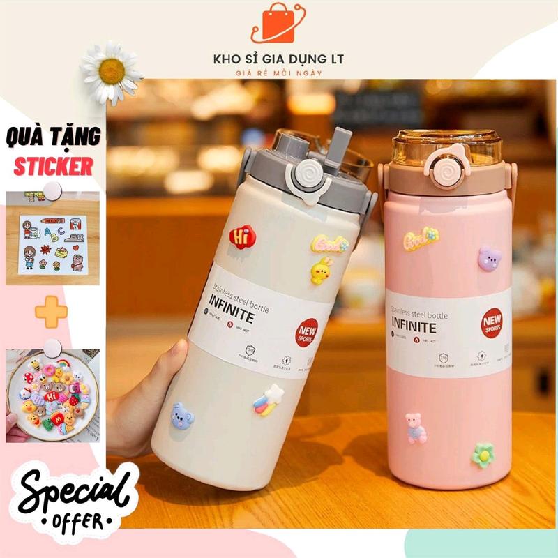 [Tặng túi vải ]Bình giữ nhiệt inox 316 dung tích 800ml, 1000ml, 1200ml cute Boss có quai xách,ống hút tặng kèm hình dán 2D, 3D, túi đựng bình