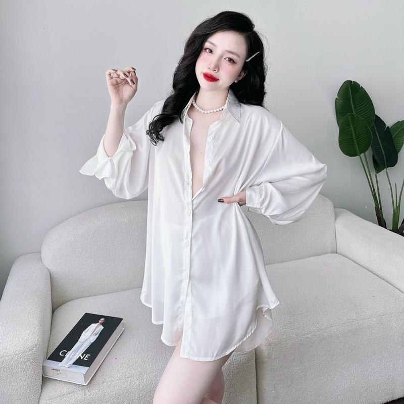 Bộ Áo sơ mi Dài Tay quần đùi form giấu quần gợi cảm chất lụa Latin (free size 45-75kg) Women Nữ