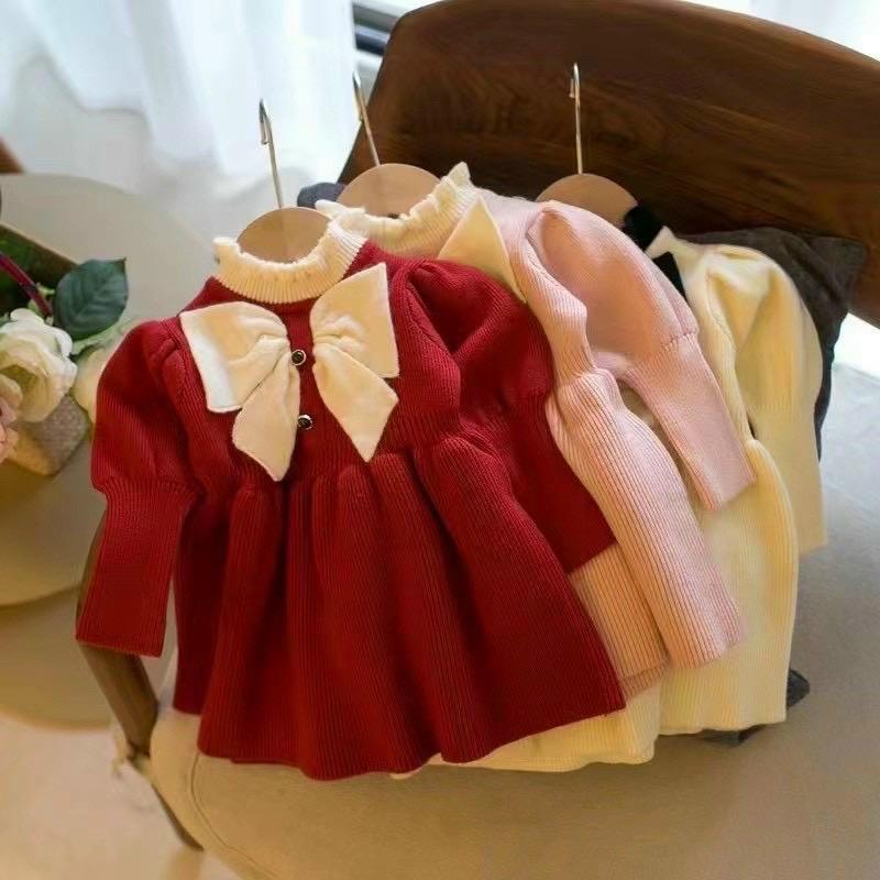 Váy Len Nơ Cổ Bèo Bé Gái 7kg đến 17kg