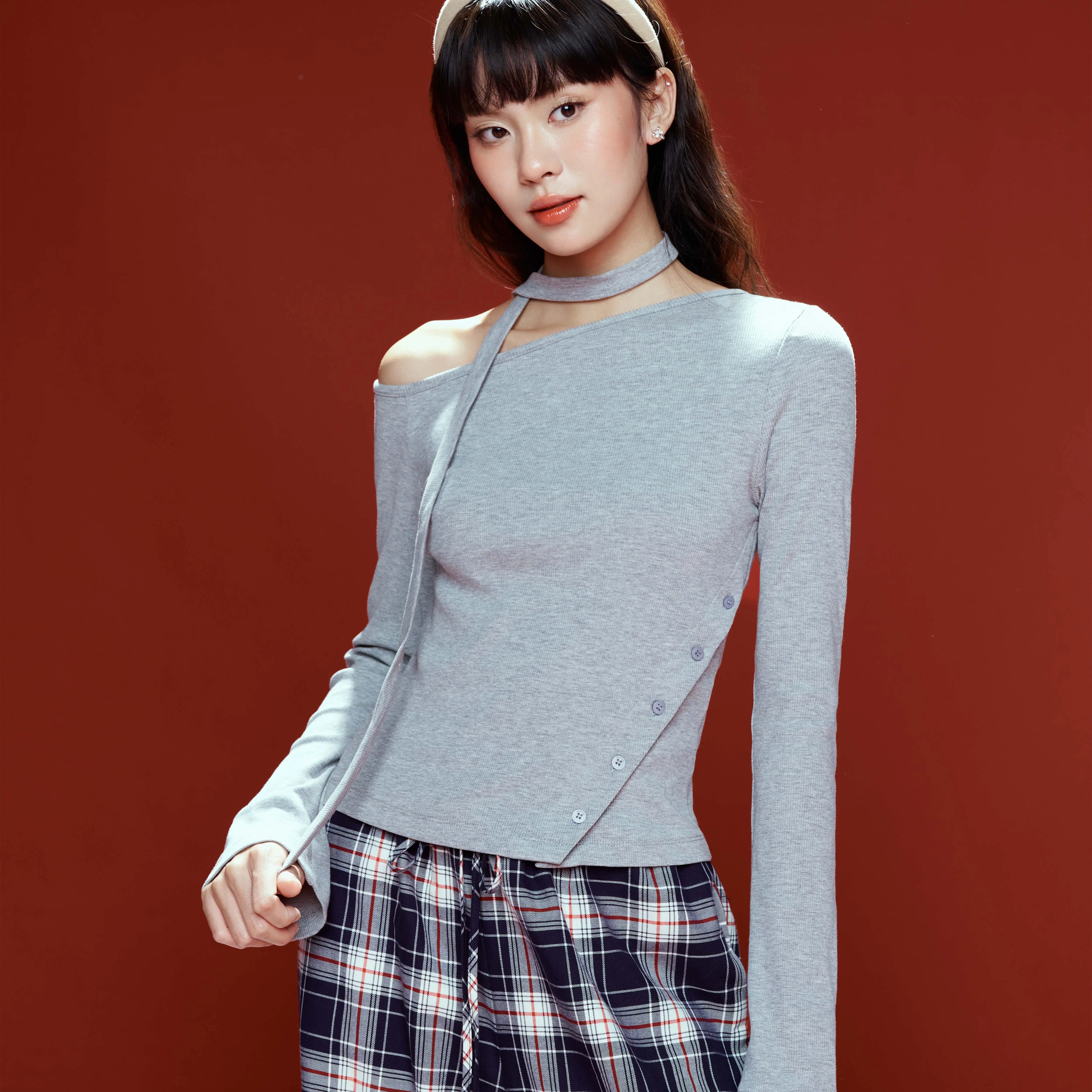 DOTTIE - Áo thun tay dài lệch vai - T1033 Lệch vai Top Women Nữ  Xám Cotton