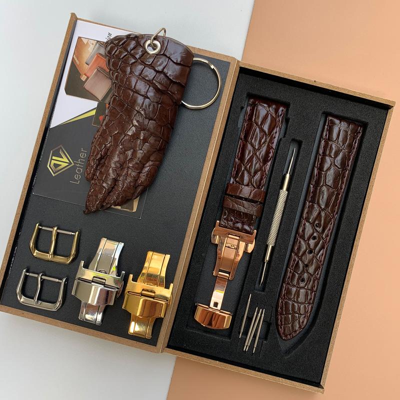 Dây Đồng Hồ Da Cá Sâu Thật, Vân Hạt, Màu Đen/Nâu, Khóa Bấm Hoặc Kim [Tặng Kèm Móc Khóa Mẫu Ngẫu Nhiên] Voi Pin Bàn Tay