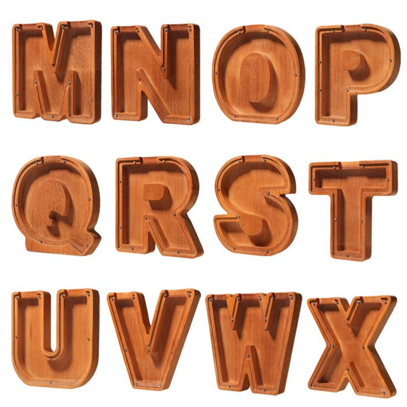 Product Introduction of Wooden Letter Design Piggy Bank, 1 Count Creative 26 English Letters Themed Coin Bank, Home Decor Ornament for Living Room Bedroom Office 4