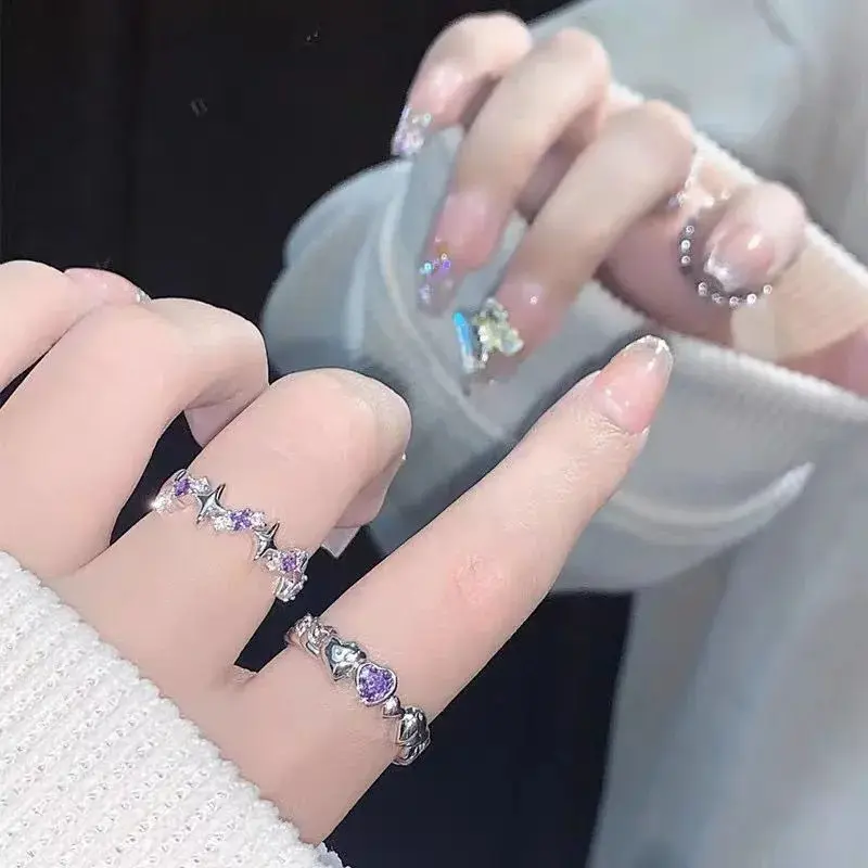 New Fashion Shiny Purple Rhinestone Opening Couple Rings for Women Men Vintage Crystal Star Adjustable Ring Lover Simple and Versatile