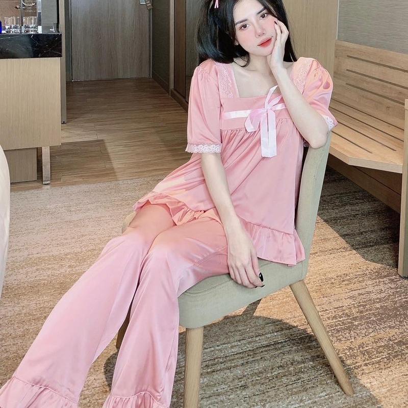 Bộ pijama lụa cộc tay quần dài phối nơ,ren tay điệu sang chảnh Lụa Trơn Nhung Nữ 2