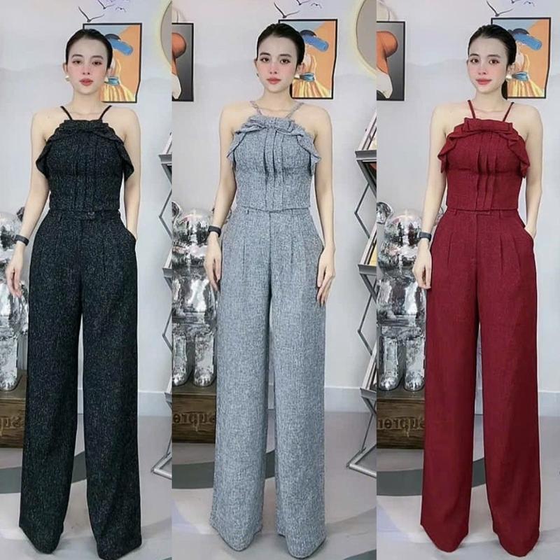 T310- Set thiết kế áo cổ yếm nơ lượn khóa kéo sau có dây tăng đơ quần ống rộng có lót Mộc She Nữ Nữ