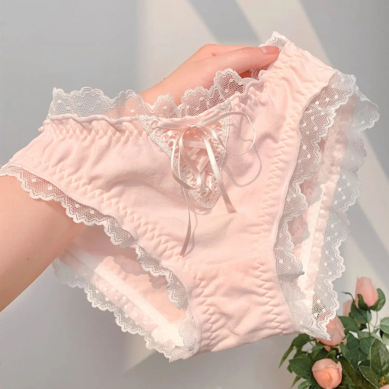 Pink Xichun Style Underwear Women's Cotton Mid Waist Breathable plus Size Japanese Girl Student Lace Triangle Shorts