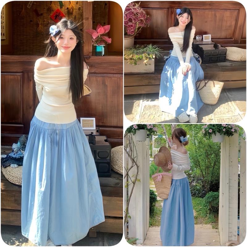 Sét Váy 2 Món Tiểu Thơ Gồm Áo Trễ Vai Nhún Vai Tay Dài Trắng + Chân Váy Xoè 2 Tầng Xanh