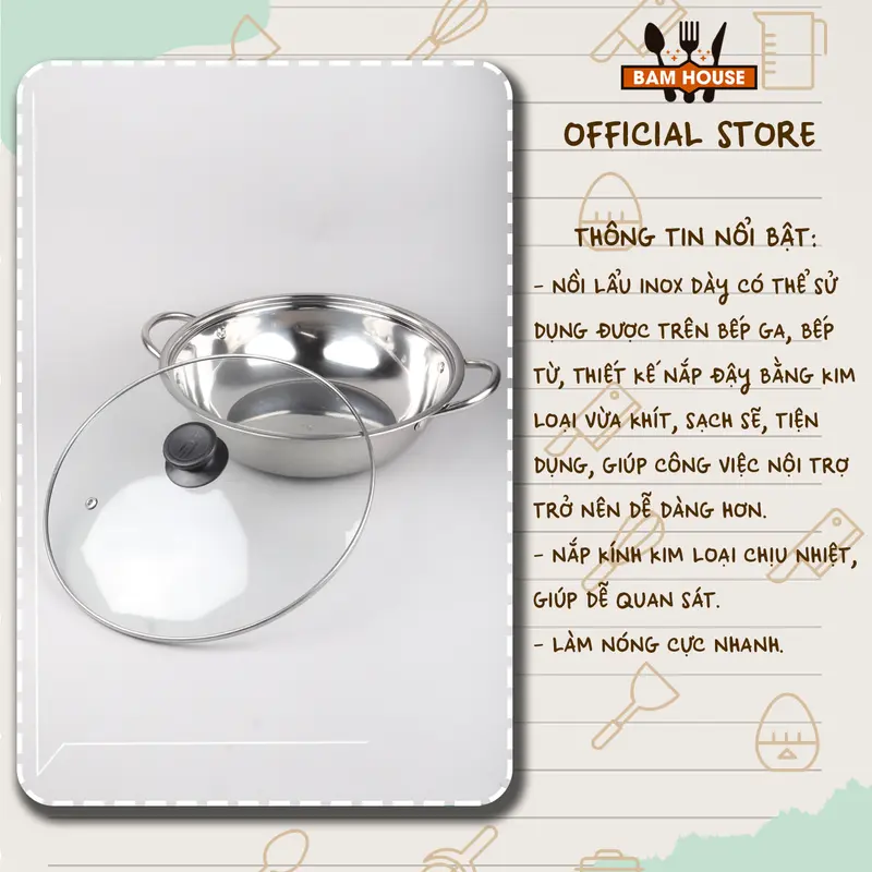 Nồi lẩu inox dày Bam House loại lớn 26cm có nắp kính cao cấp NL26 – Gia dụng bếp 1