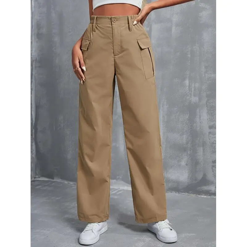 Solid Color Flap Pockets Cargo Pants, Casual High Waist Straight Leg Loose Pants For Spring & Fall, Women's Clothing