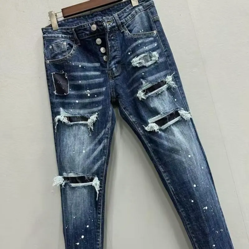quần Jeans nam vảy sơn xanh rách 5 lỗ tua bốn cúc Menswear