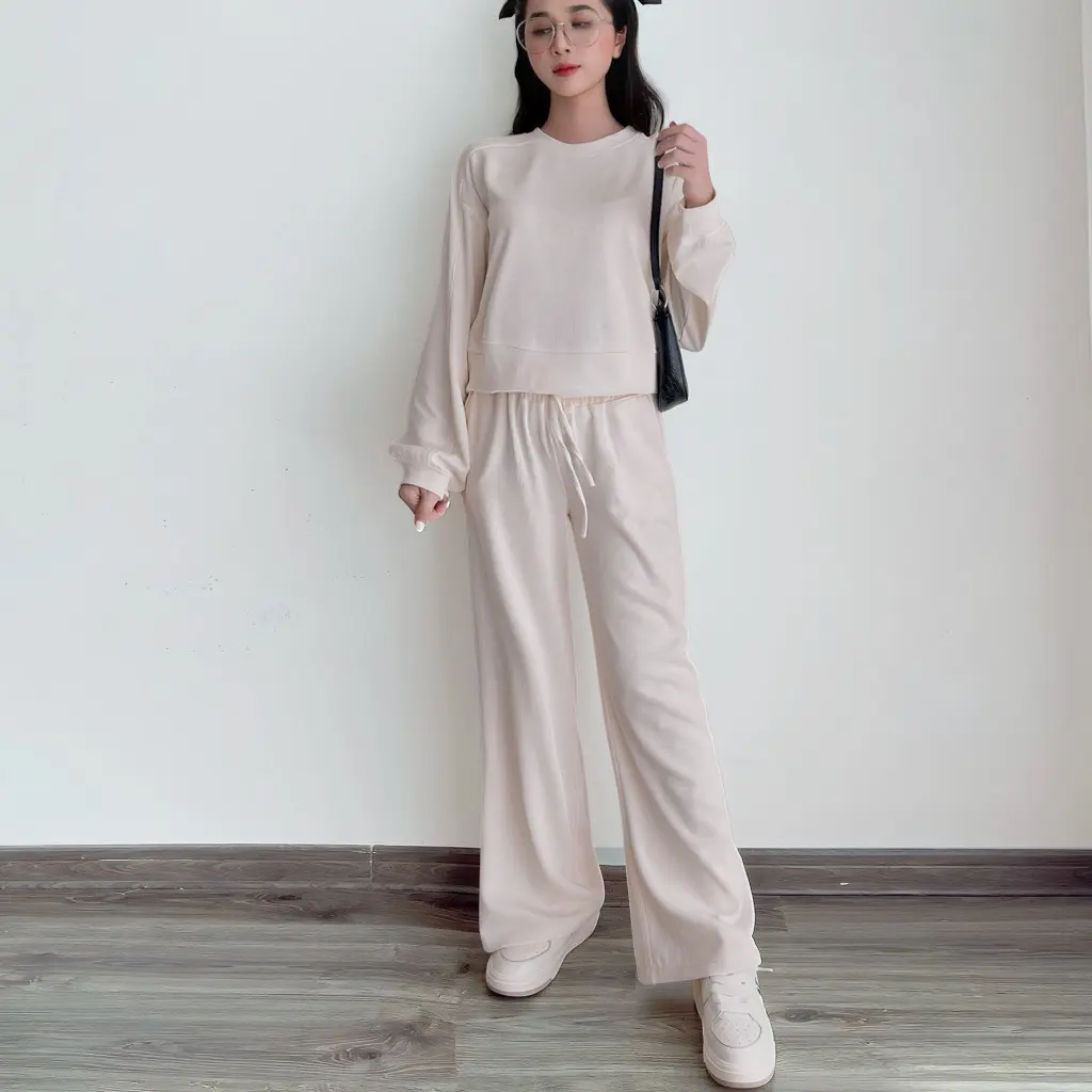Bộ đồ nữ áo croptop dài tay kèm quần ống rộng nhiều màu đơn giản