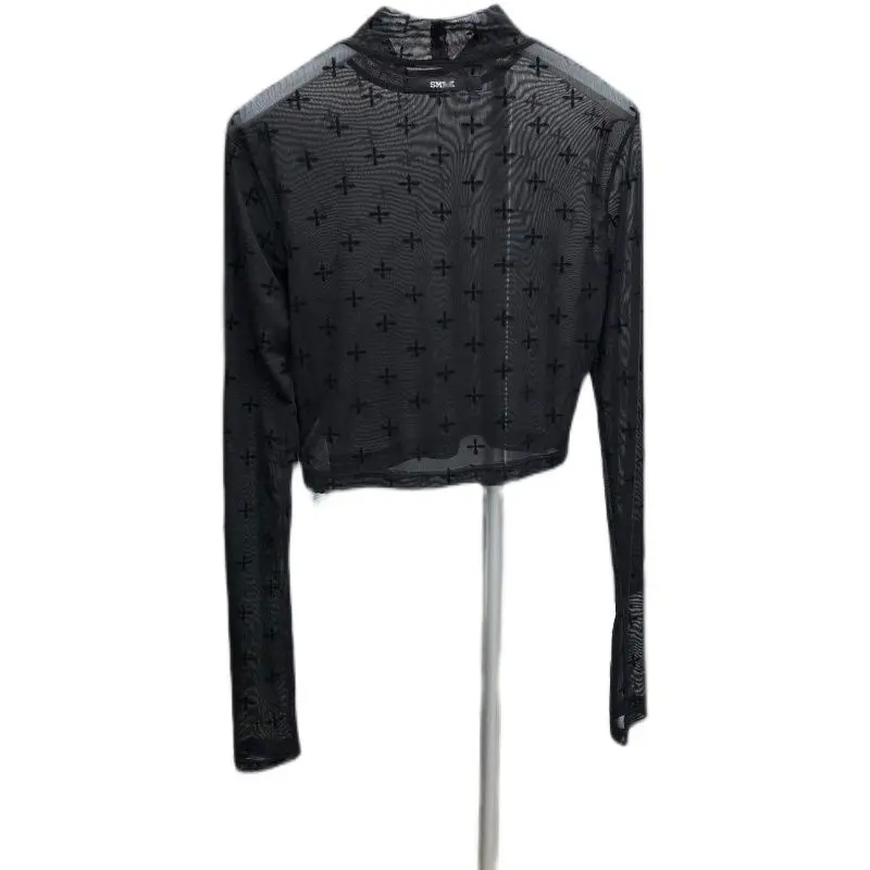 Áo Thun Turtleneck Trong Suốt, Vườn Đêm Đông Xứ Đông Nam, In Đổ Xô Chéo Dài Tay, Áo Lớp Nền Lưới, Đầu Xuân 2022 Menswear Cổ Tròn 4
