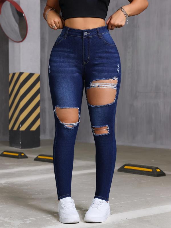 Women's Plain Ripped Pocket Jeans, Fashion Casual Denim Pants for Daily Outdoor Wear, Ladies Bottoms for Summer 0