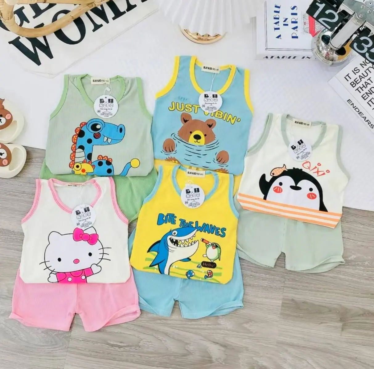[5 bộ ba lỗ]. Đồ bộ cho bé trai bé gái thun tăm sát nách in hình động vật cho bé từ 5-16kg