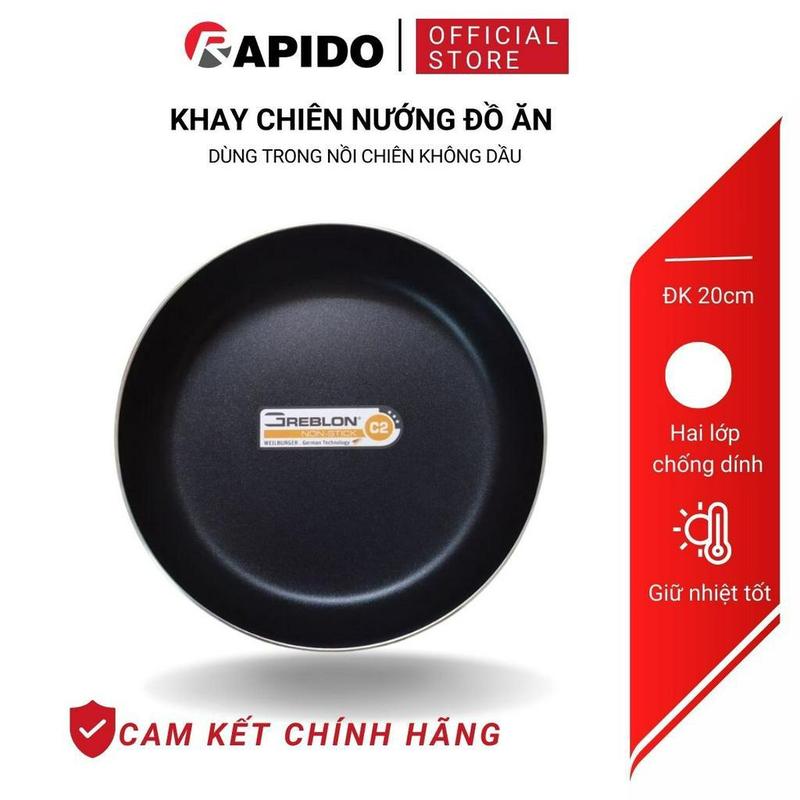 Khay chiên nướng đồ ăn dùng trong nồi chiên không dầu Rapido chất liệu chống dính Greblon bền đẹp, size 20 cm (trắng/đen), size 22 cm