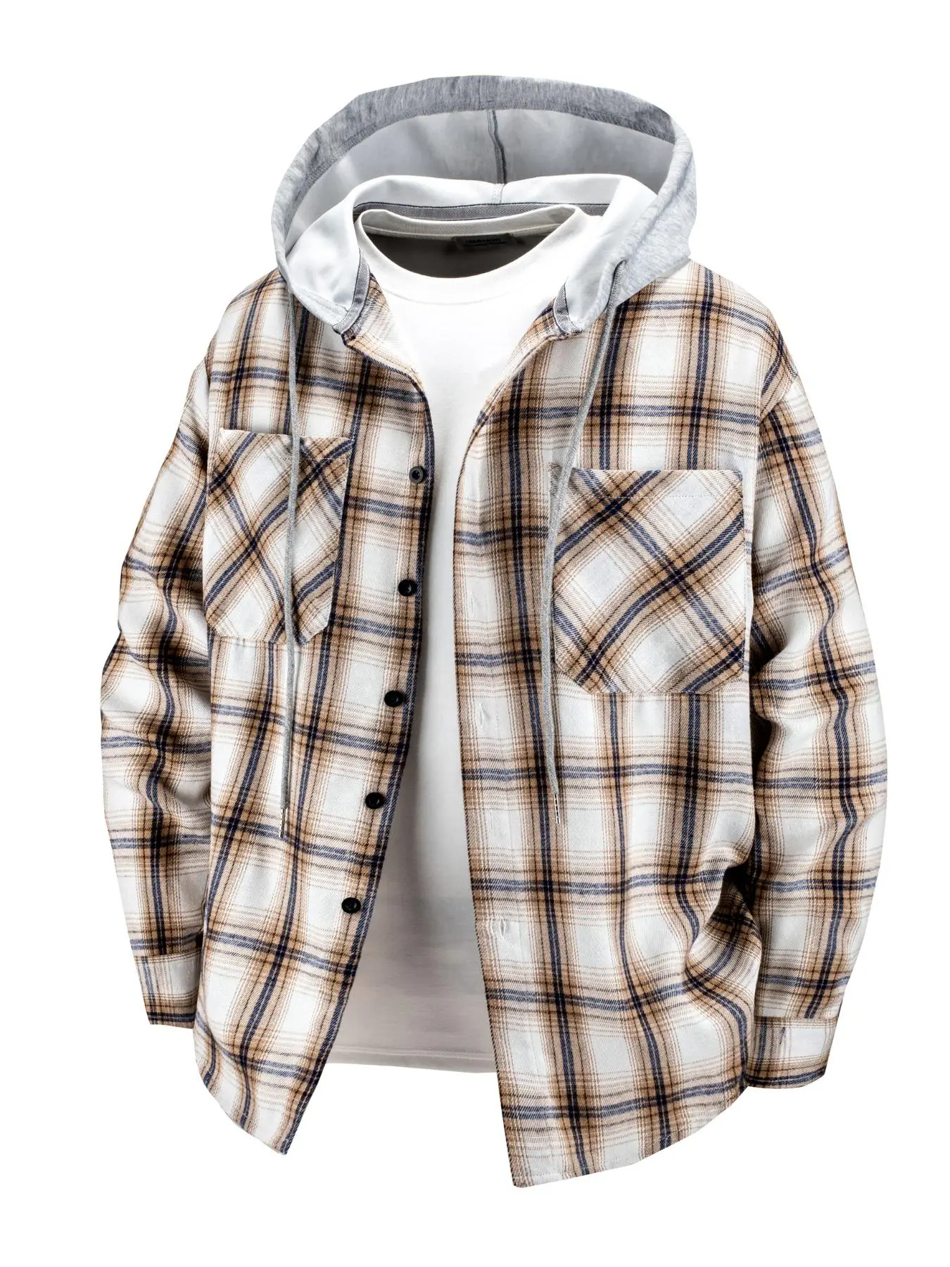 Men's Plaid Print Button Front Hooded Jacket, Regular Fit Casual Fashion Comfy Long Sleeve Outerwear for Spring & Fall, Men's Clothes for Daily Wear, Coats
