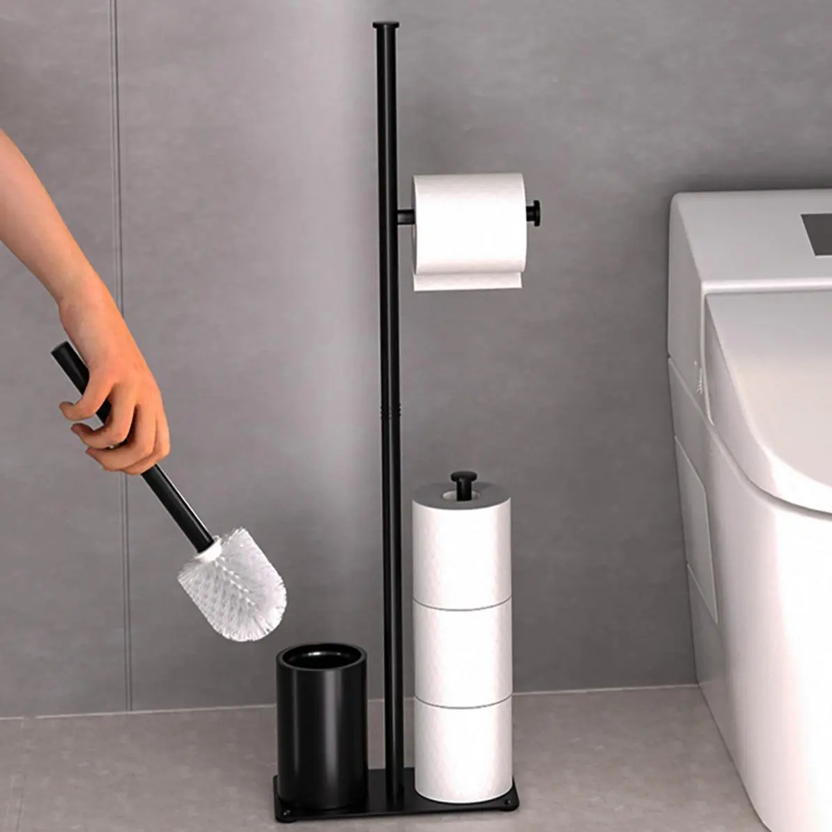 Freestanding Toilet Paper Holder, 1 Count Self-adhesive Bathroom Organizer for Tissues and Accessories, Toilet Brush Toilet Paper Roll Holder, Home Goods