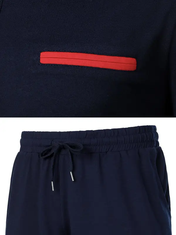 Two-Piece Set Men's Patchwork Short Sleeve Polo Shirt & Shorts, Regular Fit Casual Fashion Cozy Breathable Top & Shorts for Daily Outdoor Wear, Men's Clothing for Summer 7