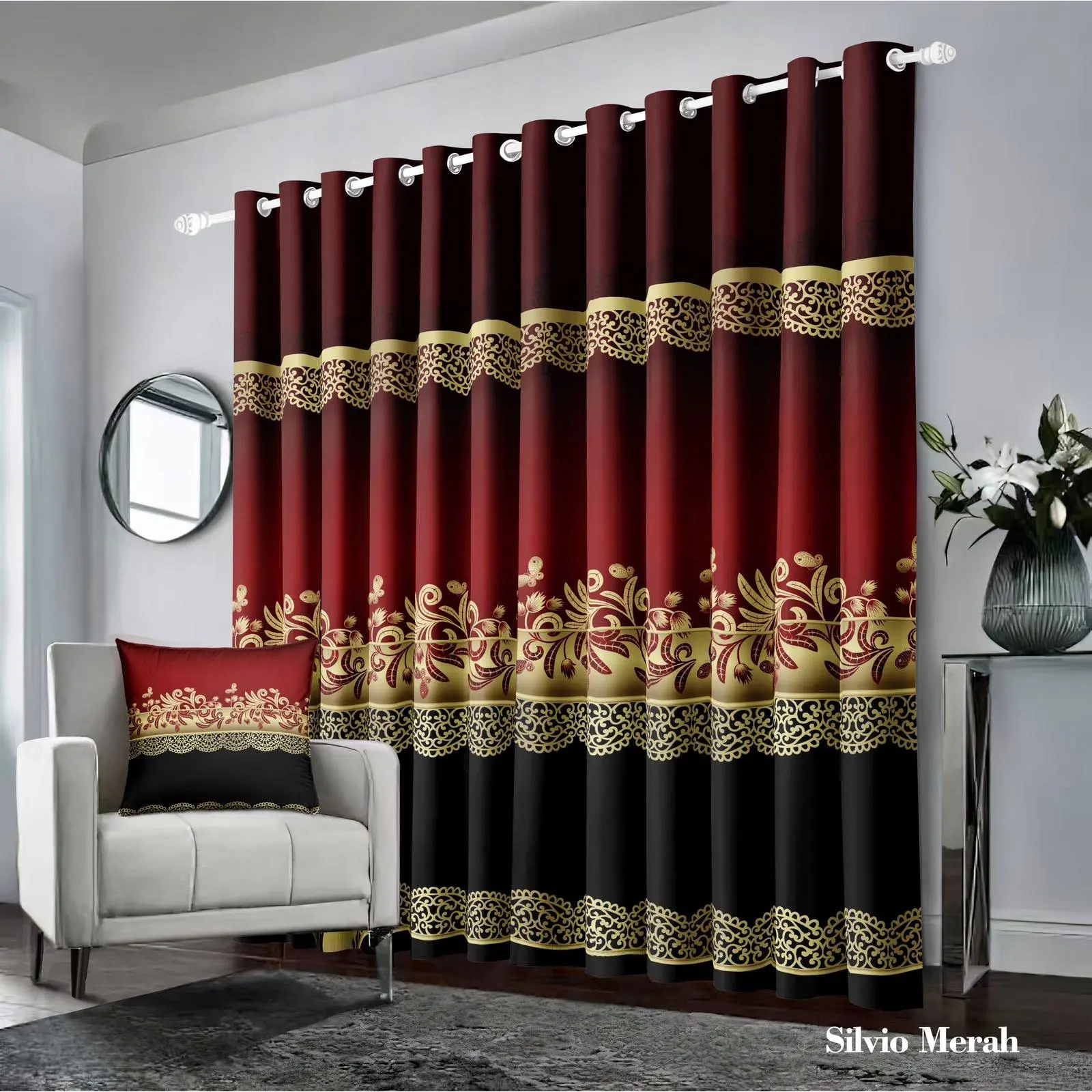PROMO 3 LEMBAR 100 RB Gorden Smokring 12 Ring Ukuran 220x110/Girden jendela/pintu/Gorden motif bunga Gold Curtain Dekorasi Polos