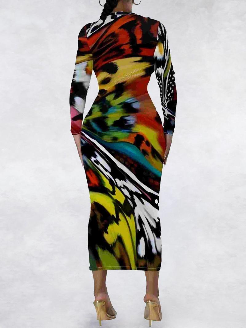 Product Introduction of Women's Colorblock Print Round Neck Bodycon Dress, Fashion Casual Long Dress for Daily Outdoor Wear, Women Dress for Spring Fall 6