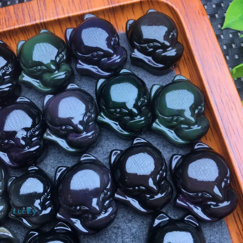 Obsidian Màu Tự Nhiên Chạm Khắc Cáo Chín Đuôi, Phụ Kiện Trang Sức Nhỏ, Mặt Dây Chuyền Nhỏ, Phụ Kiện Tự Làm Chính Hãng, Phụ Kiện Dây Chuyền Xương Đòn, Phụ Kiện Vòng Tay