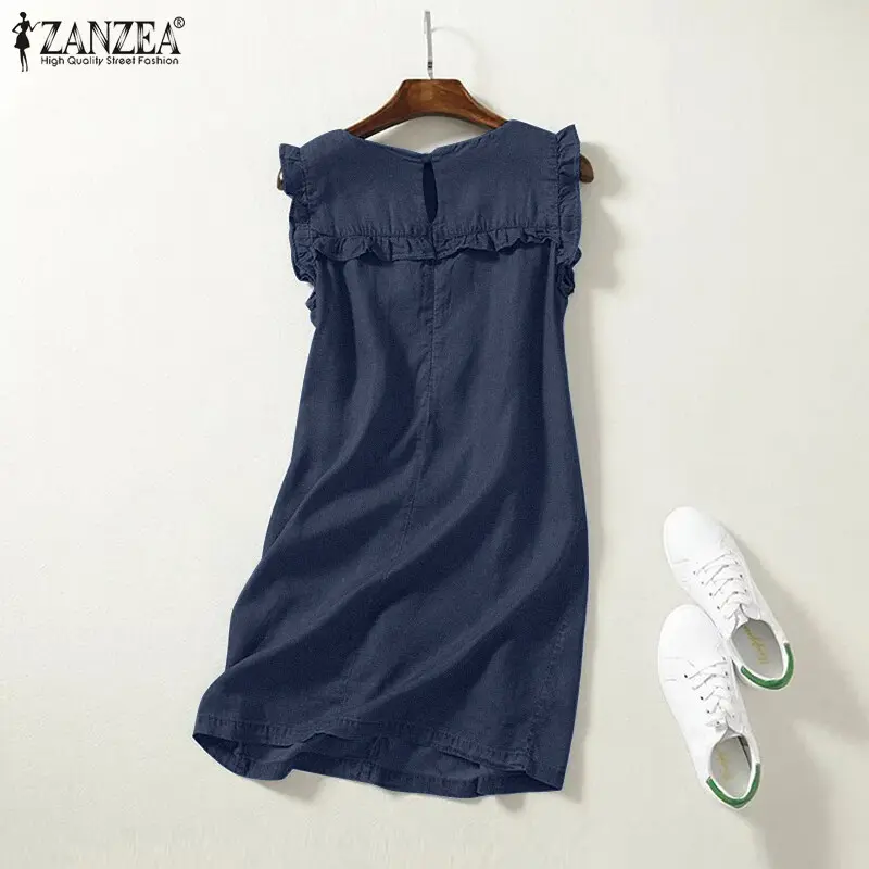 Váy Denim ZANZEA, Phong Cách Hàn Quốc, Dành Cho Nữ, Thường Ngày, Không Tay, Cổ Vuông, Xếp Nhún, Kiểu Váy Xòe Mini, Ghép Nối, Thích Hợp Cho Mùa Hè 5