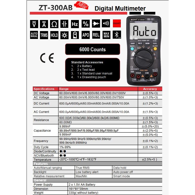 Đồng Hồ Đo Điện Vạn Năng Điện Tử Zoyi ZT-300AB Kết Nôi Bluetooth, Đồng Hồ Đo Điện Đa Năng Đo Điện Trở Cách Điện, Điện Áp AC DC, Kiểm Tra Tụ Điện, Dò Điện NVC 1