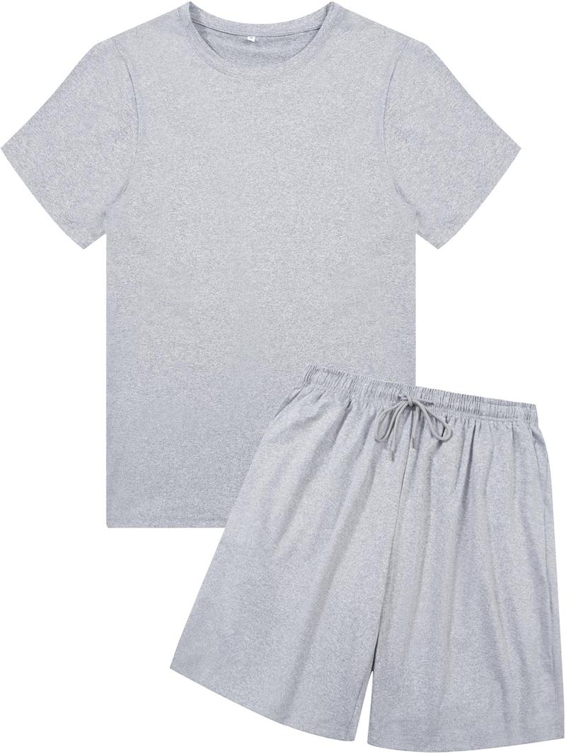 Product Introduction of 2 Piece Set Men's Solid Round Neck Tee & Drawstring Waist Shorts Set, Regular Fit Crew Neck Short Sleeve T-shirt & Pocket Shorts, Casual Fashion Cozy Breathable Men Two-piece Outfits for Summer 13