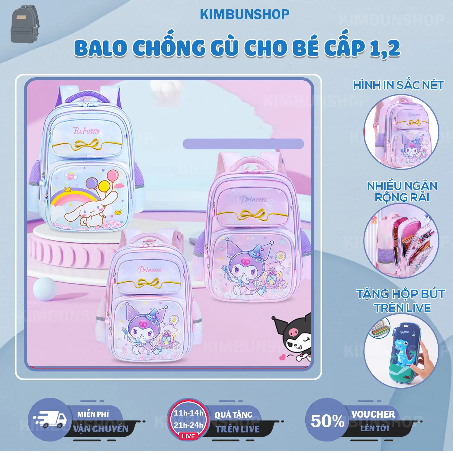 Balo chống gù cho các bé lớp 1-5  . chống thấm nước siêu nhẹ kimbunshop899