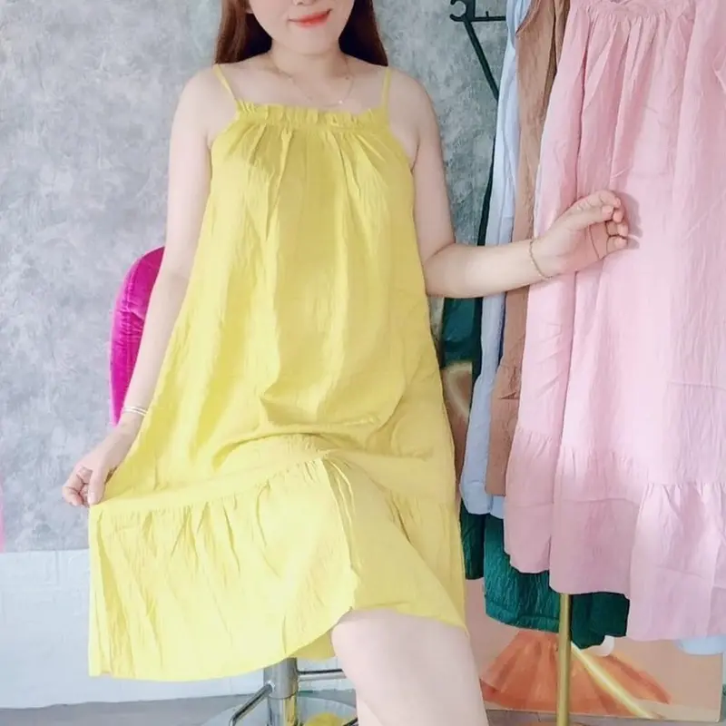 Váy nữ hai dây vải Đũi xốp mềm mát Freesize từ 40-60kg Đầm Women Dress Đỏ Khuy Umi 6