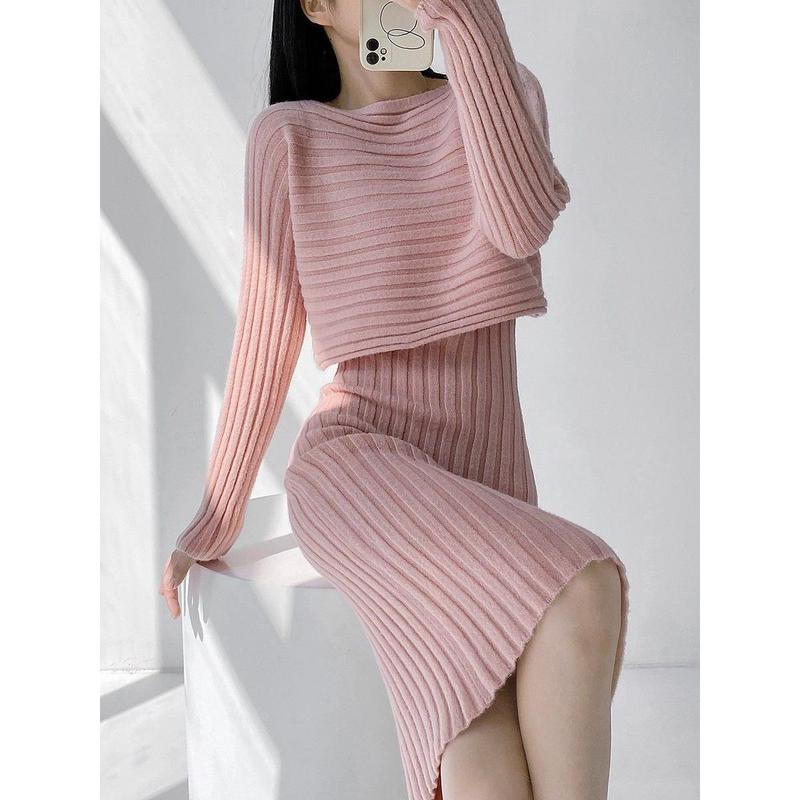 Bộ Đồ Len Váy Dệt Kim, Phong Cách Cổ Điển Dành Cho Nữ, Mùa Thu Và Mùa Đông, Áo Áo Chui Đầu Thanh Lịch,  Váy Băng Quấn Thời Trang, Bộ Đồ Hai Mảnh