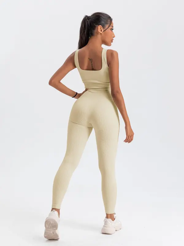 Women's Solid Backless Ribbed Sports Jumpsuit, Scoop Neck Seamless Jumpsuit, Ladies Sportswear Clothing, Sports Onesies, Summer Outfits 2024, Please Purchase A Size Up 7
