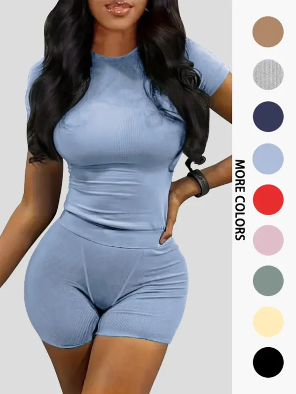 Women's Solid Ribbed Top & Skinny Shorts Set, Casual Comfy Round Neck Tee & Shorts For Yoga Gym Workout, Summer Clothes, Co ord Set Summer, Ladies Summer Clothing 5