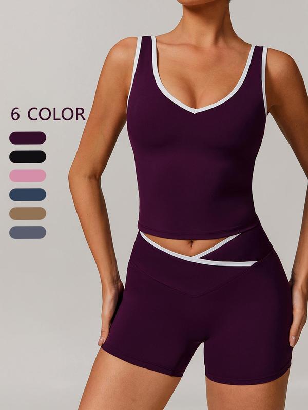 Two-piece Set Women's Solid Color Contrast Trim Sportswear Set, High Stretch Sporty Comfortable Breathable Backless Tank Top & High Waist V-shaped Waist Skinny Shorts for Yoga Gym Workout Running, Ladies Summer Sportswear,  Co-ord Sets for Women 4
