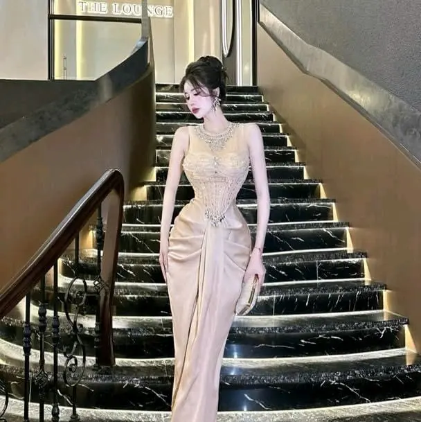 đầm body dài đính đá xếp hong dự tiệc 3