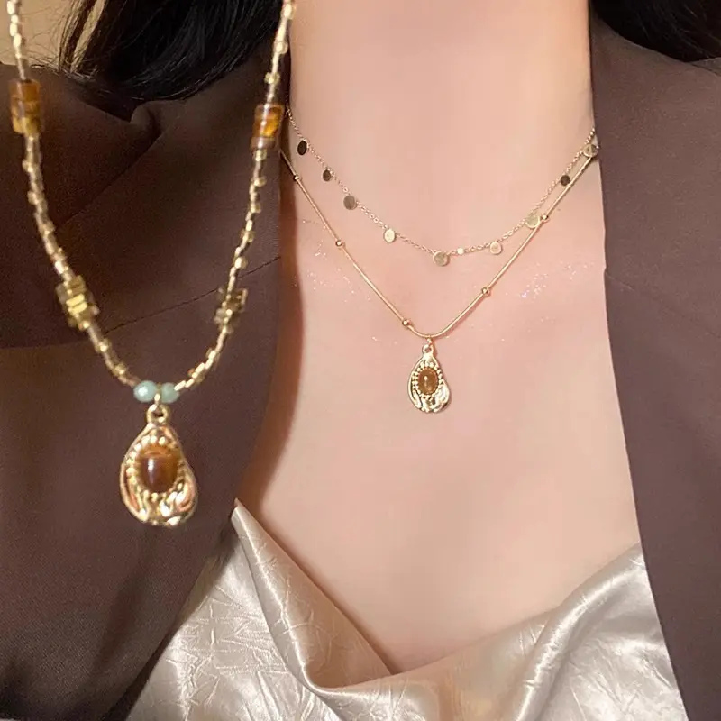 Maillard Tiger's Eye Stone Beaded Stacked Necklace Women's Autumn and Winter Premium Sweater Sweater Chain 2024 New Popular Neck Chain