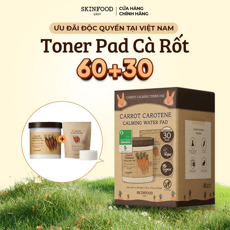 Bông Dưỡng 60 + 30 miếng SKINFOOD Chiết Xuất Cà Rốt Làm Dịu Mát Làn Da Carrot Carotene Calming Water Pad 400G