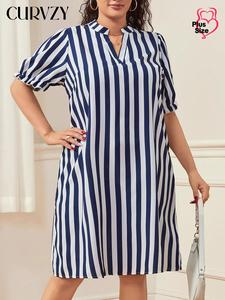【Plus Size】 CURVZY Plus Size Button Back Striped Print Dress, Casual Short Sleeve Dress for Summer, Women's Plus Clothing for Daily Wear