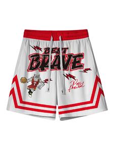 Men's Colorblock Letter & Tiger Basketball Player Print Contrast Trim Drawstring Waist Sports Shorts, Loose Sporty Comfortable Breathable Quick Drying Pocket Shorts for Basketball, Men's Sportswear for Indoor Outdoor Wear