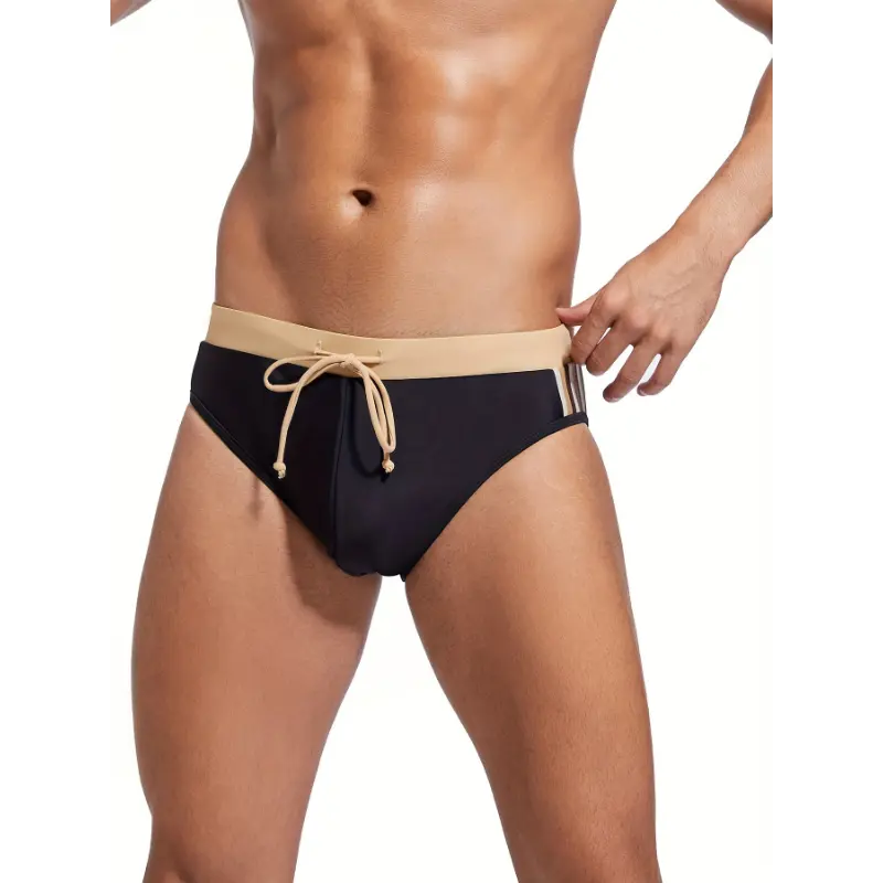 Men'S Triangle Swim Trunks with Anti-Exposure And Anti-Embarrassment Features, Featuring Solid Colors Striped Patchwork. menswear 4
