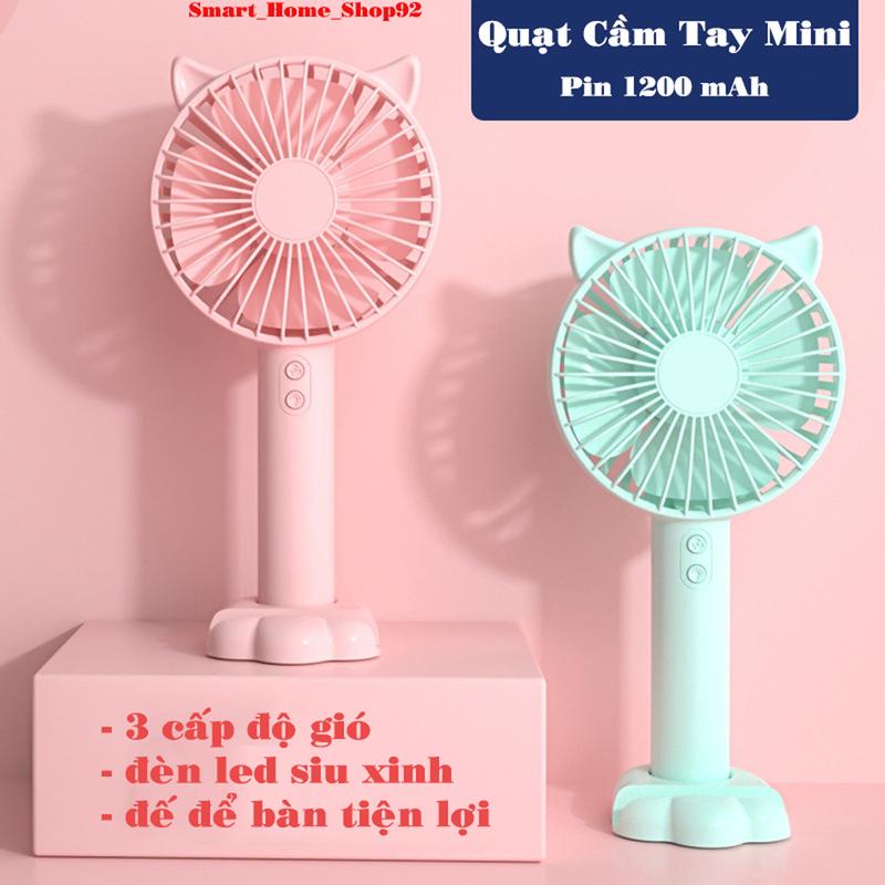 Quạt Cầm Tay Mini Tích Điện Tai Mèo Có Đế Để Bàn,Quạt Usb Có Dây Đeo Tiện Lợi Và Đèn Ngủ   Phụ Kiện Mobile