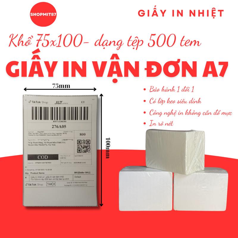 Giấy in nhiệt a7, giấy in vận đơn khổ a7 75x100mm, 76x130mm tệp 500 tem có lớp keo tự dính