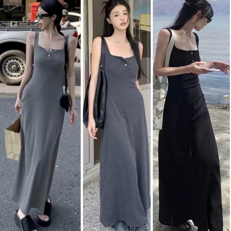 D200 Đầm body 2s bản to phối nút form suông dài co giãn Thun Dress Women Nữ