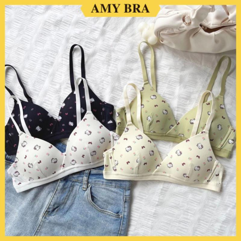Áo ngực nữ sinh trung học phong cách bandeau  - Top Áo lót nữ có dây 3 nấc cài họa tiết helloKitty cute AMYBRA A224 Women Voi Sen  Trắng Hoa Sen